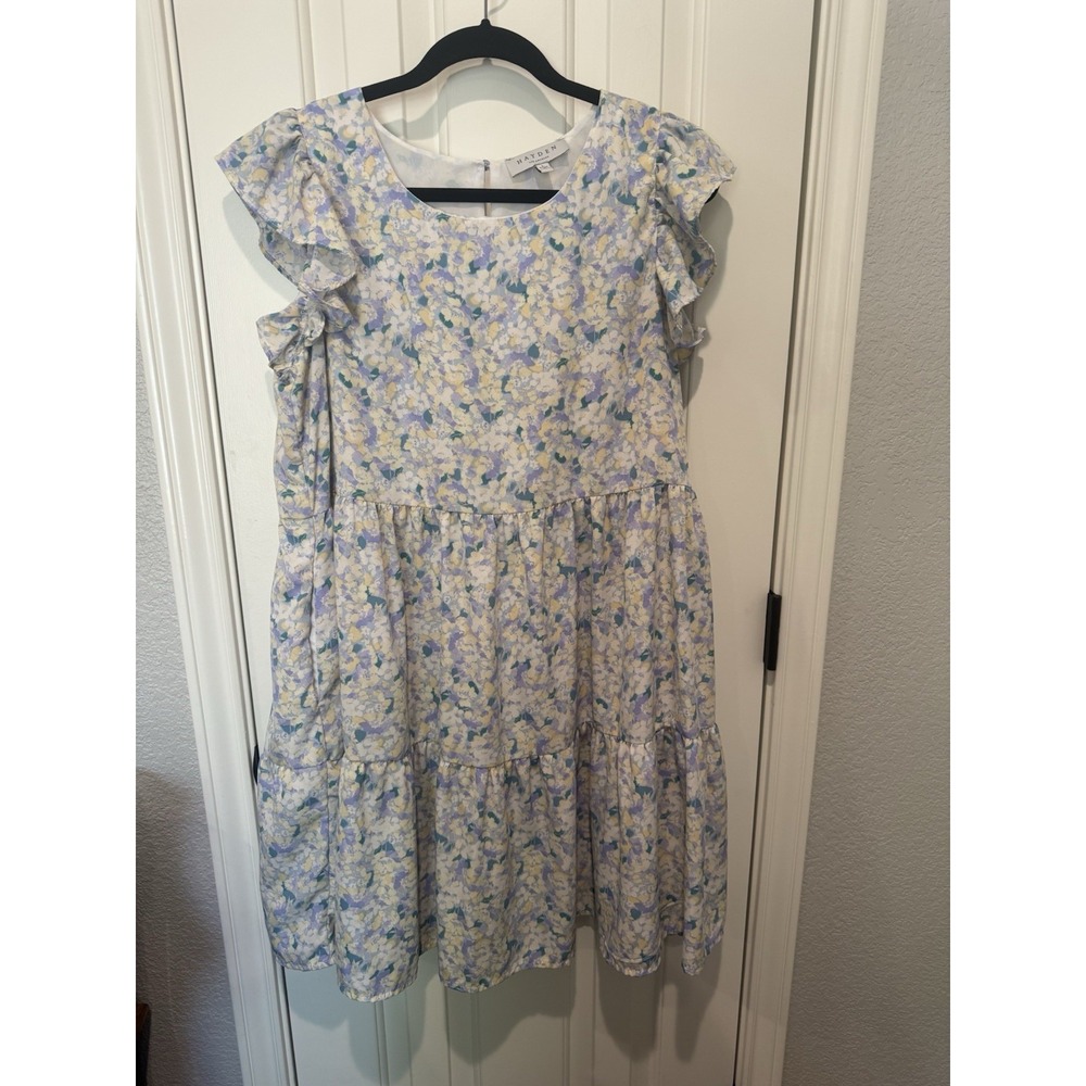 Hayden Mini Dress Babydoll Tiered Pockets Floral Boho Flutter Sleeve Large